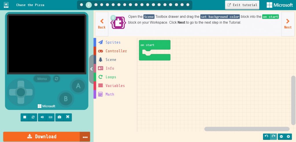 Microsoft MakeCode Arcade チュートリアル「Chase the Pizza」(その1 
