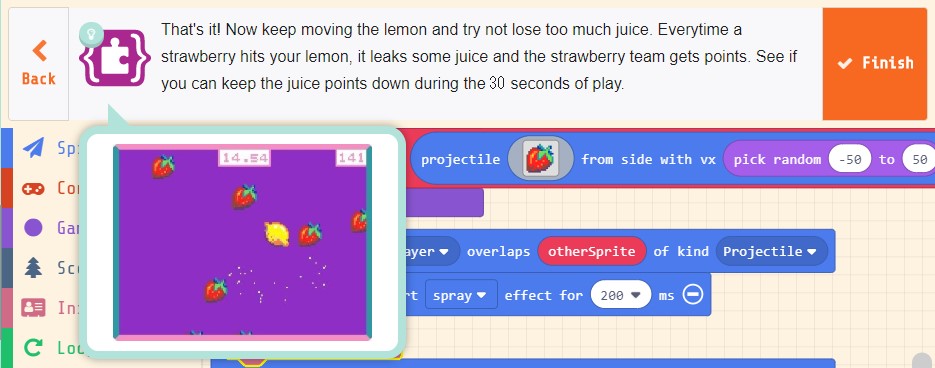 Microsoft MakeCode Arcade チュートリアル「Lemon Leak」(その2) | 渡り鳥の広場